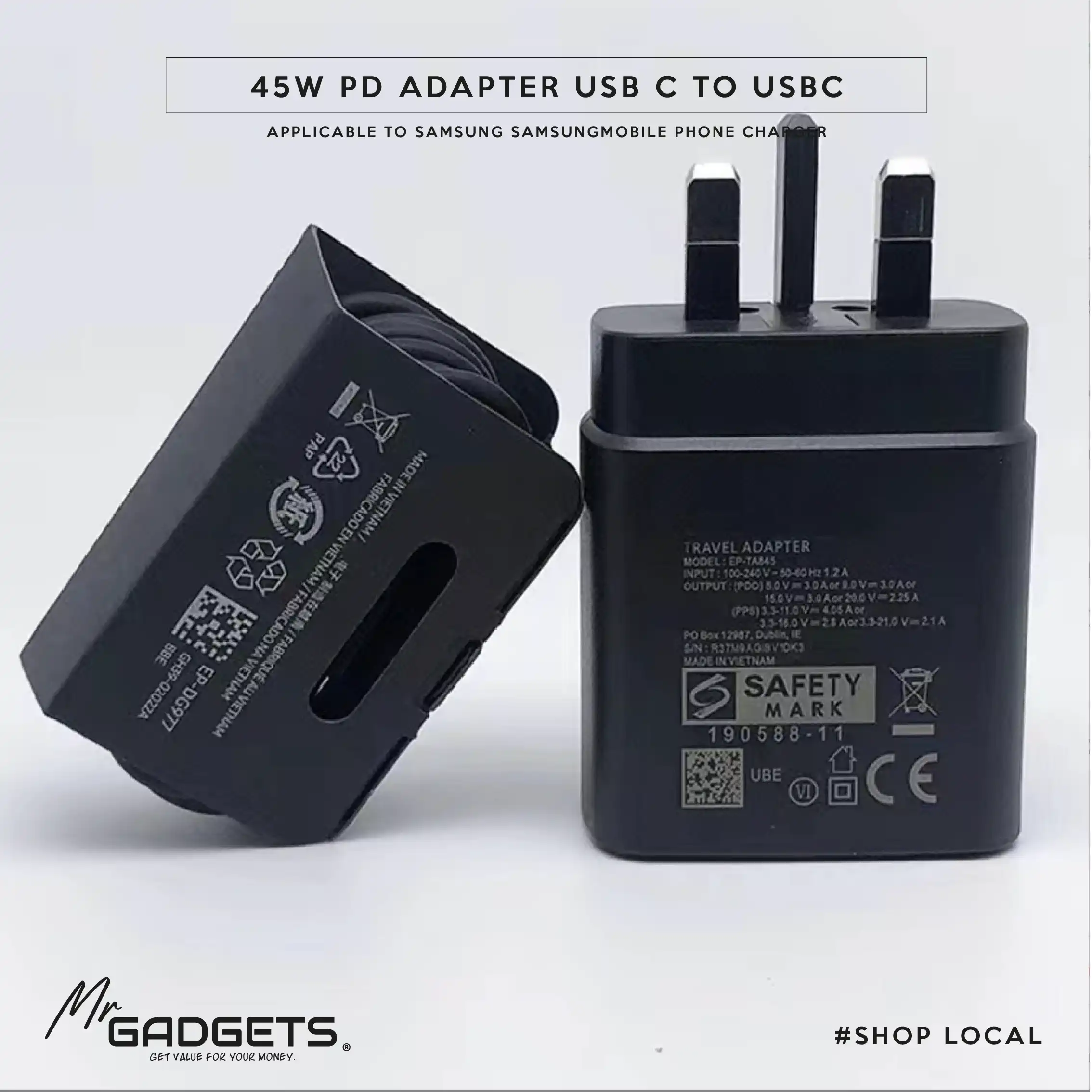 45W Fast charger with USB-C to USB-C 2M Cable