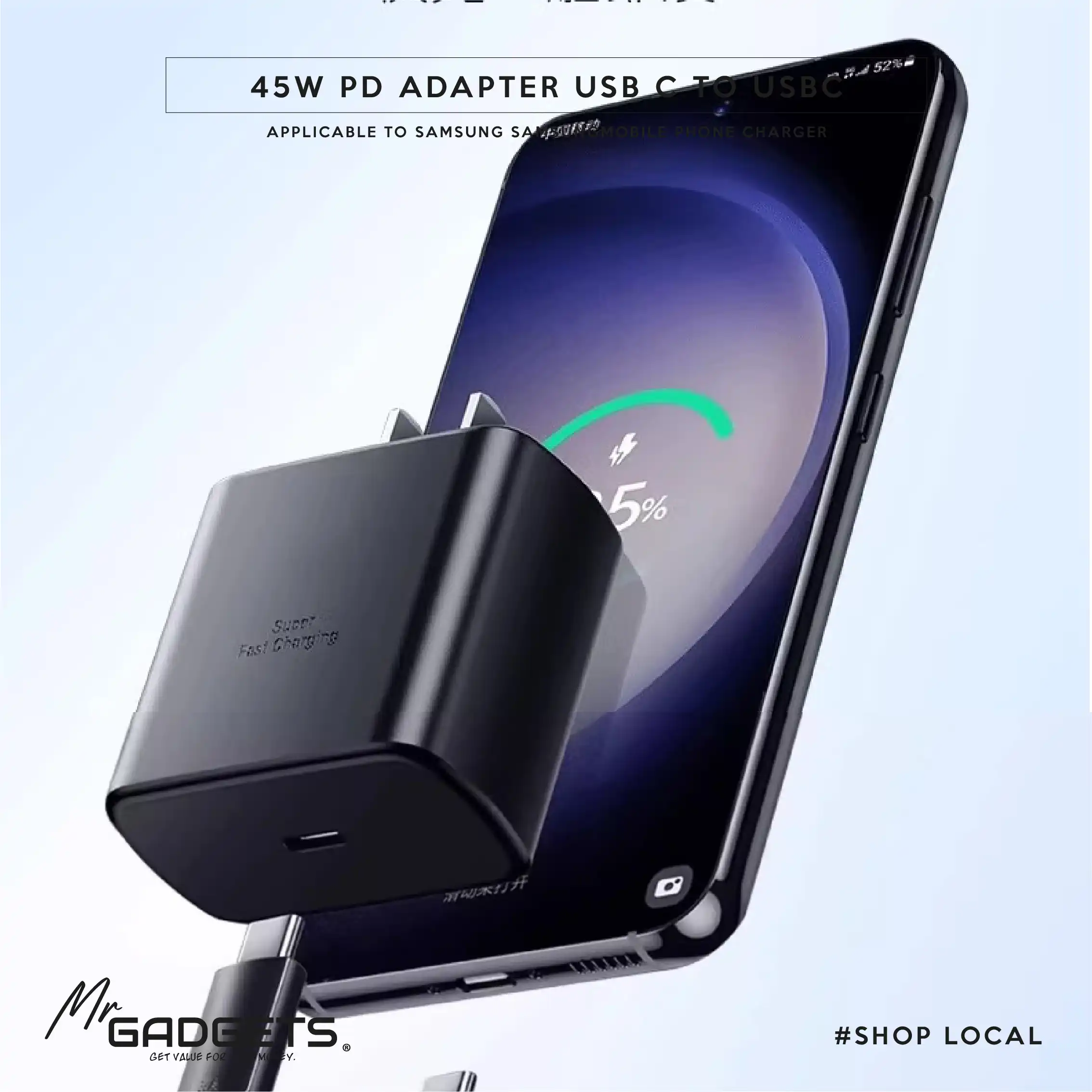 45W Fast charger with USB-C to USB-C 2M Cable - Image 2